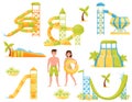 Flat vector set of water slides, surfing wave pool and people in swimming suits. Aqua park equipment. Extreme