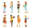 Flat vector set of young girls with books and bags. Students of college or university. Cartoon female characters in Royalty Free Stock Photo