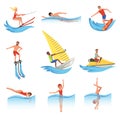 Flat vector set with young men and women involved in various water sports. Active lifestyle. Summer vacation. Outdoor Royalty Free Stock Photo