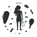 Flat vector silhouette illustration in childish style. Hand drawn tennis player, gear and equipment Royalty Free Stock Photo