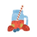 Flat vector simple cartoon illustration of healthy beverage with strawberry and blueberry. Tasty smoothie with berries Royalty Free Stock Photo