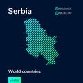 Flat vector simple digital neon Serbia map in green, turquoise, mint colors on a dark blue background. Royalty Free Stock Photo