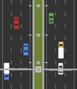 Flat vector simple highway from top view with colorful cars and trucks Royalty Free Stock Photo