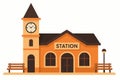 Flat vector train station with clock tower and benches outside, isolated on white Royalty Free Stock Photo