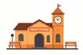 Flat vector train station with clock tower and benches outside, isolated on white Royalty Free Stock Photo