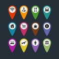 Flat vector travel symbols map pins set Royalty Free Stock Photo