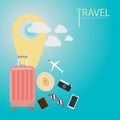 Flat vector,Travel and vacation trip to world.bag ,camera,passport book,glasses,and mobile phone. Vector illustration. Worldwide