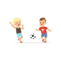 Flat vector of two little boys playing football isolated on white. Children kicking soccer ball to each other during Royalty Free Stock Photo