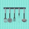 Flat vector utensil, kitchenware on the wall. Royalty Free Stock Photo