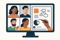 Flat vector video call scene with shared whiteboard and diverse faces, collaborative discussion, isolated on white Royalty Free Stock Photo
