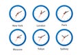 Flat Vector Wall Office Clock Icon Set. Time Zones of Different Cities, White Dial. Design Template of Wall Clock