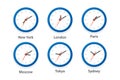 Flat Vector Wall Office Clock Icon Set. Time Zones of Different Cities, White Dial. Design Template of Wall Clock
