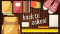 Flat vector web banner on the school, utensils, books. Back to . Notebooks backpack. Objects placed the wooden