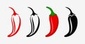 Flat Vector Whole Fresh and Hot Chili Pepper Design Template Closeup Isolated. Spicy Chili Hot or Bell Pepper Collection