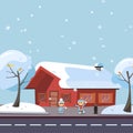 Flat vector winter scene children playing snowball fights. Happy kids boy and girl playing snowball fight game in front of the