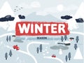 Flat vector winter snowy lanscape scene. Small village or town with cars, houses and roads in the mountains. Map view