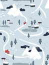 Flat vector winter snowy lanscape seamless pattern. Small village or town with cars, houses and roads in the mountains Royalty Free Stock Photo