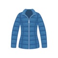 Flat vector women`s blue quilted jacket on a sintepon. Women`s clothing