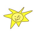 Flat vector yellow cartoon kawaii sun shines iwith bright sunbeams, smiles and winks.