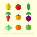 Flat vegetarian icons. Fruit and vegetables icons with shadow on a light background.