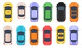 Flat vehicle, auto transport, cars top view. Cartoon taxi, jeep and mini van from above. Modern automobile car. City