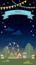Flat vertical illustration of carnival, circus, fun fair or amusement park with sky at night background have blank space. Royalty Free Stock Photo