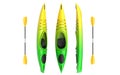 Flat vertical views of yellow green crossover kayak with paddle. Whitewater and river running kayak. 3D render, isolated