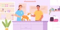 Flat vet clinic interior with veterinarian doctor, dog and owner. Veterinary healthcare center for pets. Animals Royalty Free Stock Photo