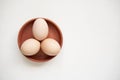 Flat view of three natural eggs in terracotta plate