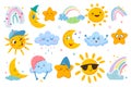 Flat weather set with cute sun, moon, clouds, starts and rainbow Royalty Free Stock Photo