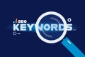 Keyword research, seo optimization, seo in text with big magnifying glass. Flat design banner.