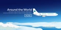 Flat web banners on the theme of travel by airplane, vacation, adventure. Flight in the stratosphere. Around the World.