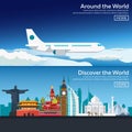 Flat web banners on the theme of travel by airplane, vacation, adventure. Flight in the stratosphere. Around the World.