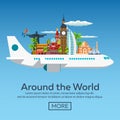 Flat web banners on the theme of travel by airplane, vacation, adventure. Flight in the stratosphere. Around the World.