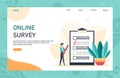 Flat web page template design with online survey concept. Internet questionnaire form. Man fills out the giant clipboard