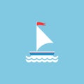 Flat white boat with sail and little waving red flag on the top. Isolated on powder blue background.