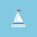 Flat white boat with sail and little waving red flag on the top. Isolated on powder blue background