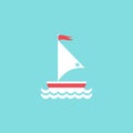 Flat white boat with sail and little waving red flag on the top. Isolated on powder blue background