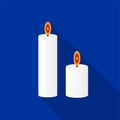 Flat white burning candles icon with a long shadow on a blue background.