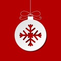 Flat white Christmas bauble with shadow isolated on red background. Eps10. Vector illustration. Royalty Free Stock Photo