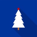 Flat white Christmas tree with a blue star icon with a long shadow on a blue background. Royalty Free Stock Photo
