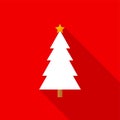 Flat white Christmas tree with a golden star icon with a long shadow on a red background. Royalty Free Stock Photo