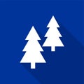 Flat white coniferous trees icon with a long shadow on a blue background.