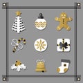 Flat white and golden Christmas icons set with black border Royalty Free Stock Photo