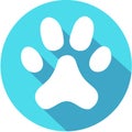 Flat white Paw Print web icon with long drop shadow on blue circle Royalty Free Stock Photo