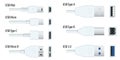 Flat white usb types port plug in cables set with realistic connectors. Connector and ports. USB type A, type B, type C