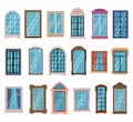 Flat windows frames. Colorful various wooden and plastic window frames with window sills, exterior architectural house