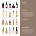 flat wine bottles. Different kinds of wine. Template for site, menu, infographics
