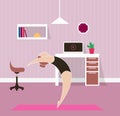 Flat womÃÂ°n doind yoga with video tutorial in home office