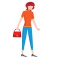 flat, a woman in blue jeans and an orange t-shirt holds a red handbag in her hands, isolated object on a white background, vector Royalty Free Stock Photo